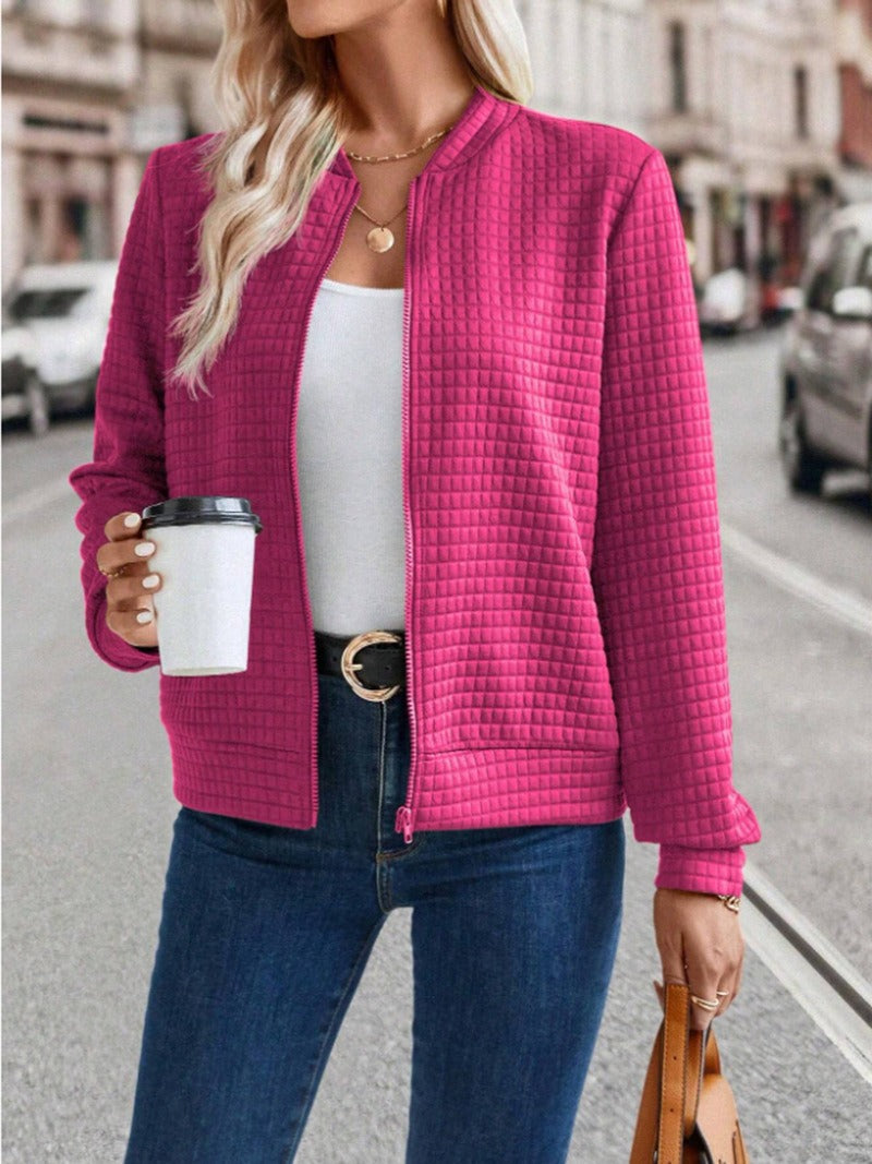 Women’s Quilted Cardigan Jacket – Relaxed Fit – Zipper Front – Hip Length Minimalist Style