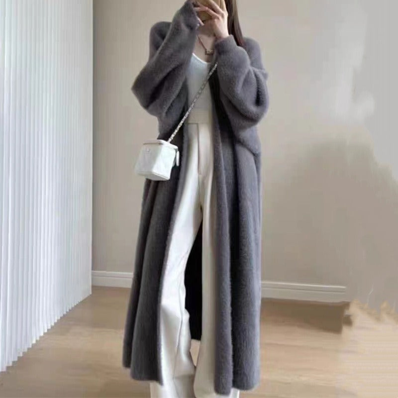 Women’s Knitted Cardigan – Loose Fit – Soft Fleece – Over Knee – Open Front Layers