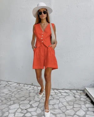 Women’s Sleeveless Blazer – Linnen – Relaxed Fit – Tailored V-Neck – Button Front