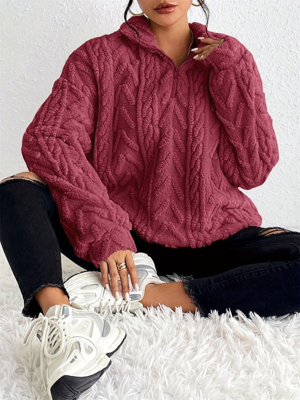 Women’s Pullover Top – Faux Shearling Fleece – Relaxed Fit – Half Zip High Collar