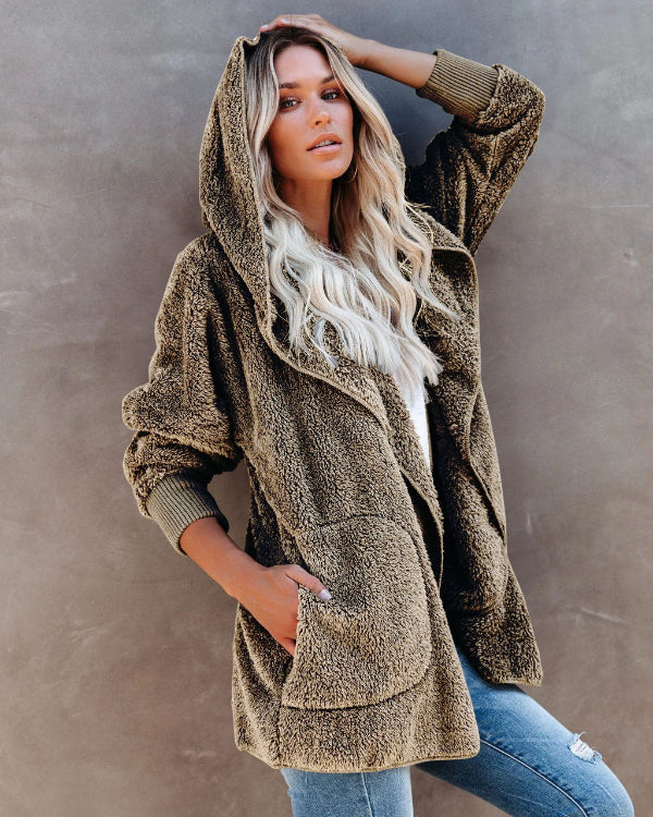 Women’s Hooded Cardigan – Sherpa Fleece – Oversized Fit – Open Front with Pockets