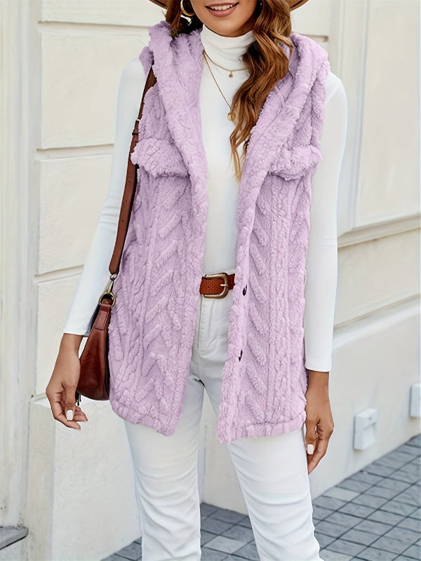 Women’s Hooded Vest – Fuzzy Knit – Relaxed Fit – Button Front – Casual Layering