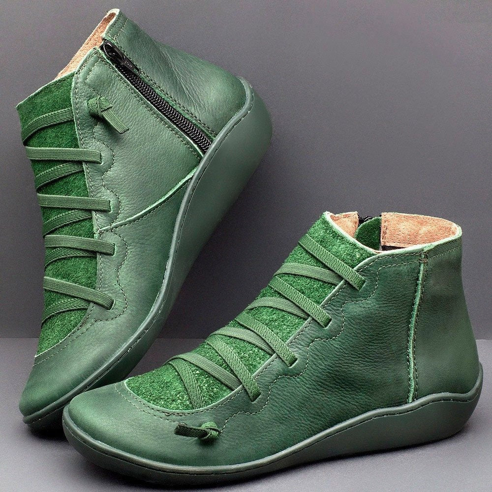 Women’s Ankle Boots – Smooth Leather Feel – Low Heel – Lace-Up Zipper – Casual Fit