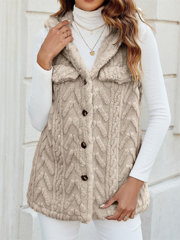 Women’s Hooded Vest – Fuzzy Knit – Relaxed Fit – Button Front – Casual Layering