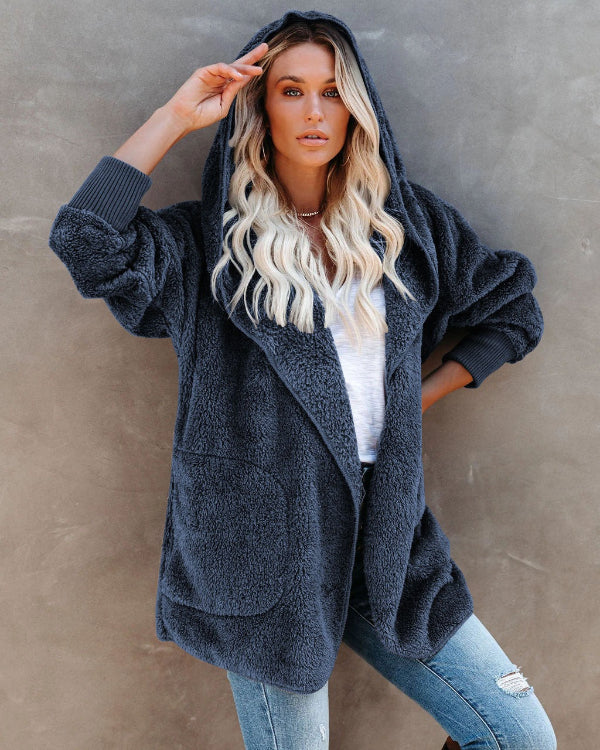Women’s Hooded Cardigan – Sherpa Fleece – Oversized Fit – Open Front with Pockets