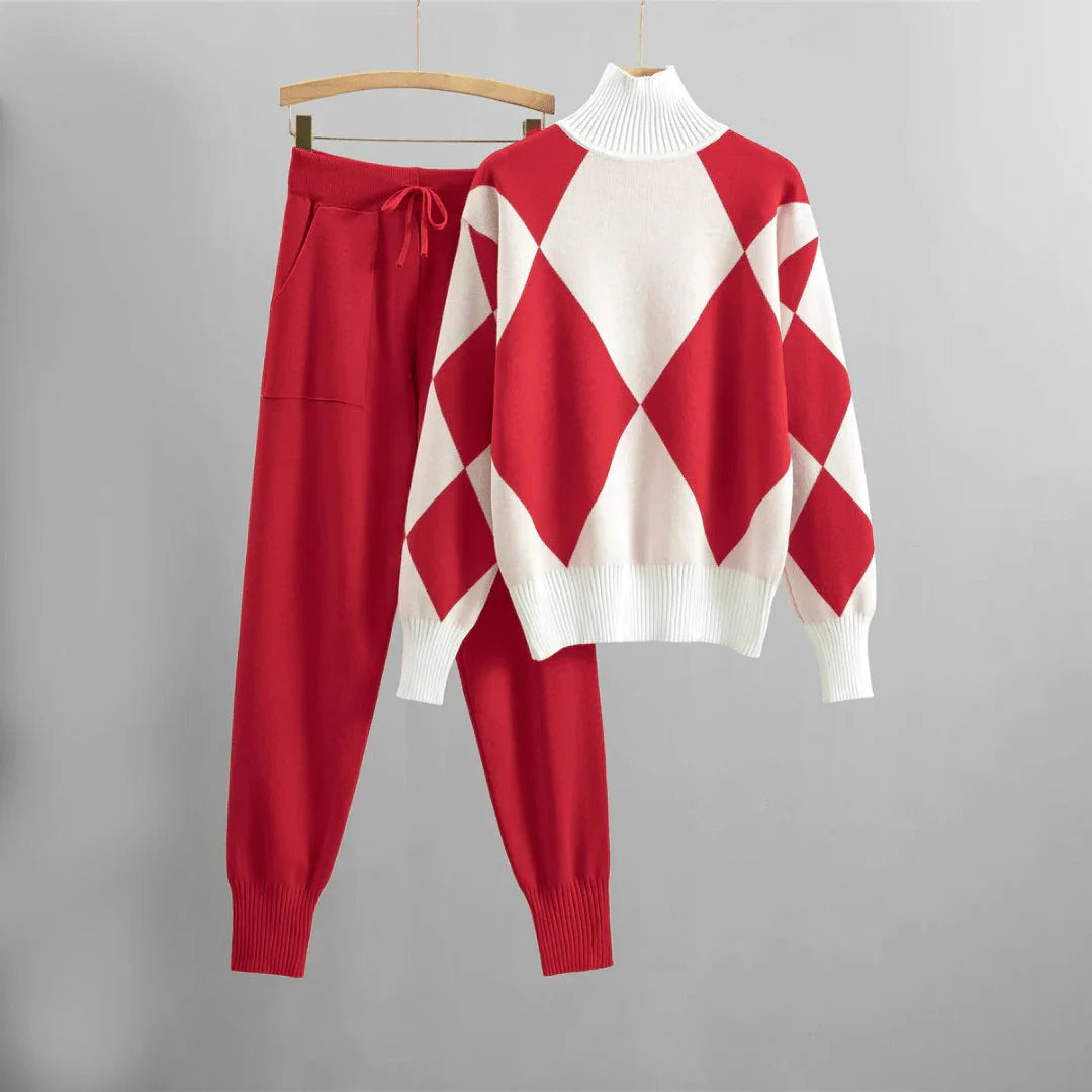 Women’s Sweater and Pants Set – Knit Relaxed Fit – Argyle Pattern – Ribbed Turtleneck