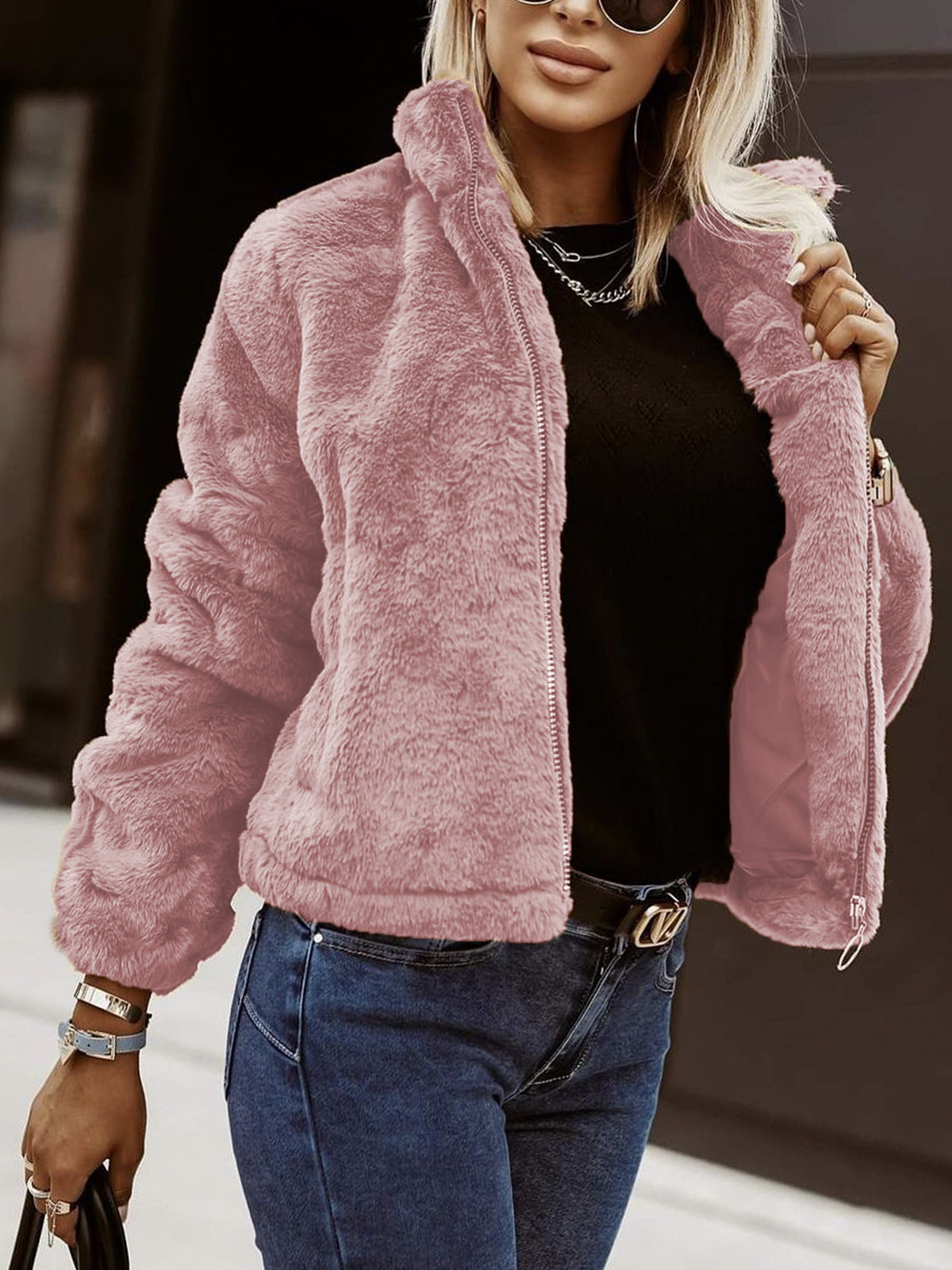 Women’s Cardigan – Faux Leather Plush Texture – Zipper Front – High Collar – Relaxed Fit