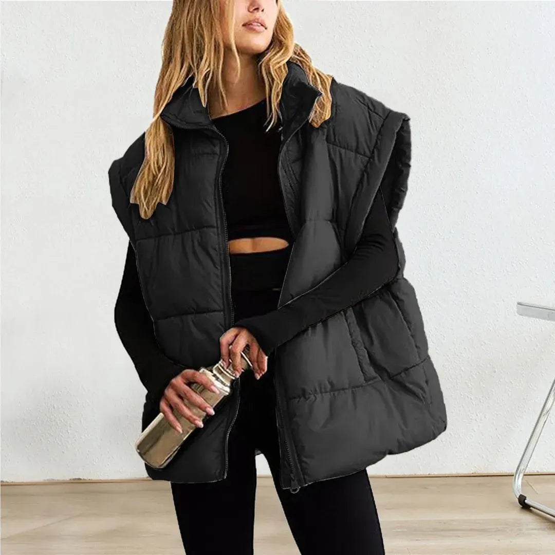 Women’s Puffer Vest – Quilted Insulated – Relaxed Fit – High Collar – Hip Length
