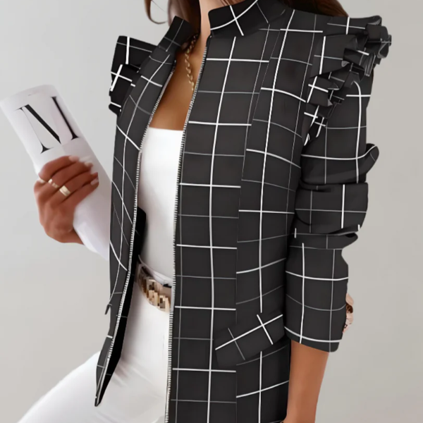 Women’s Jacket – Tailored Fit – Plaid Pattern – Ruffle Shoulder – Stand Collar – Hip Length