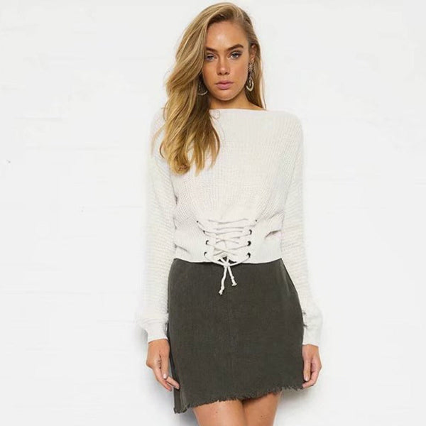 Women’s Knitted Sweater – Off Shoulder – Tie Waist – Relaxed Fit – Long Sleeve Warm Knit