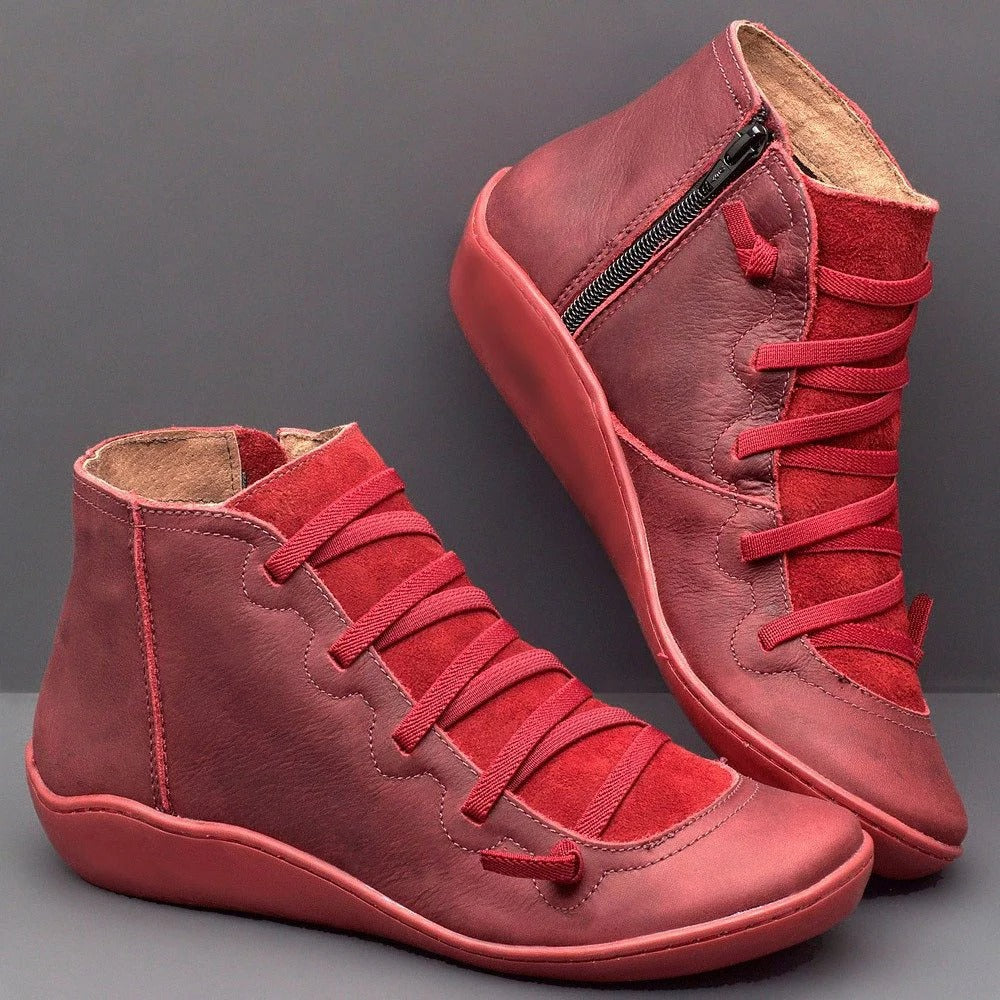 Women’s Ankle Boots – Smooth Leather Feel – Low Heel – Lace-Up Zipper – Casual Fit