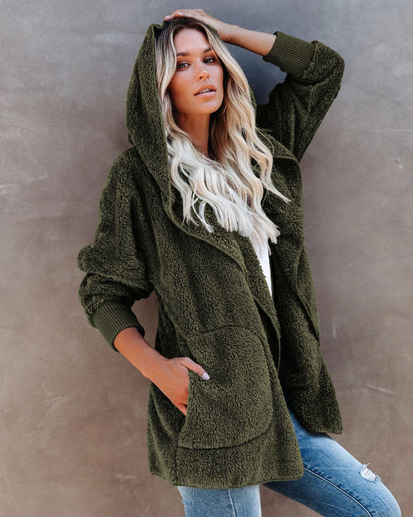 Women’s Hooded Cardigan – Sherpa Fleece – Oversized Fit – Open Front with Pockets