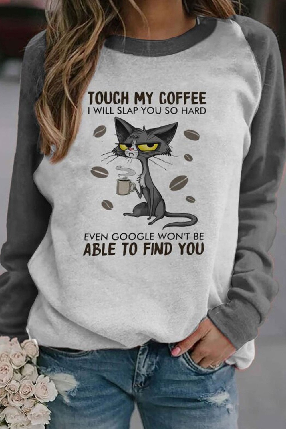 Women’s Long Sleeve Shirt – Relaxed Fit – Cotton Blend – Patchwork – Graphic Cat Print