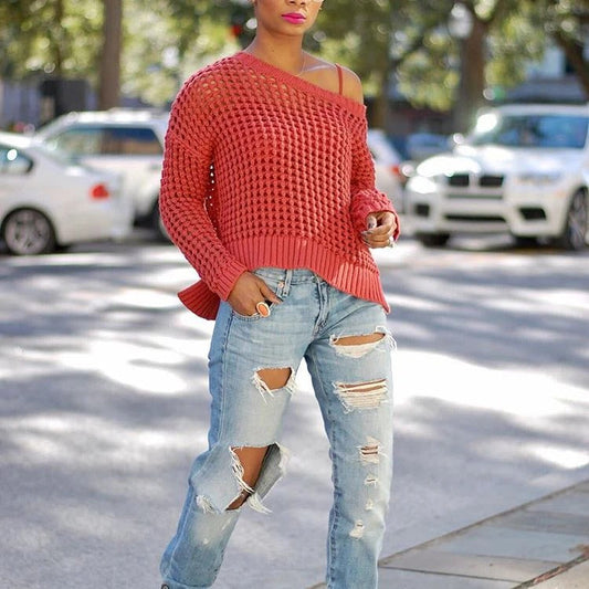 Chunky Wool Blend Off-Shoulder Relaxed Sweater