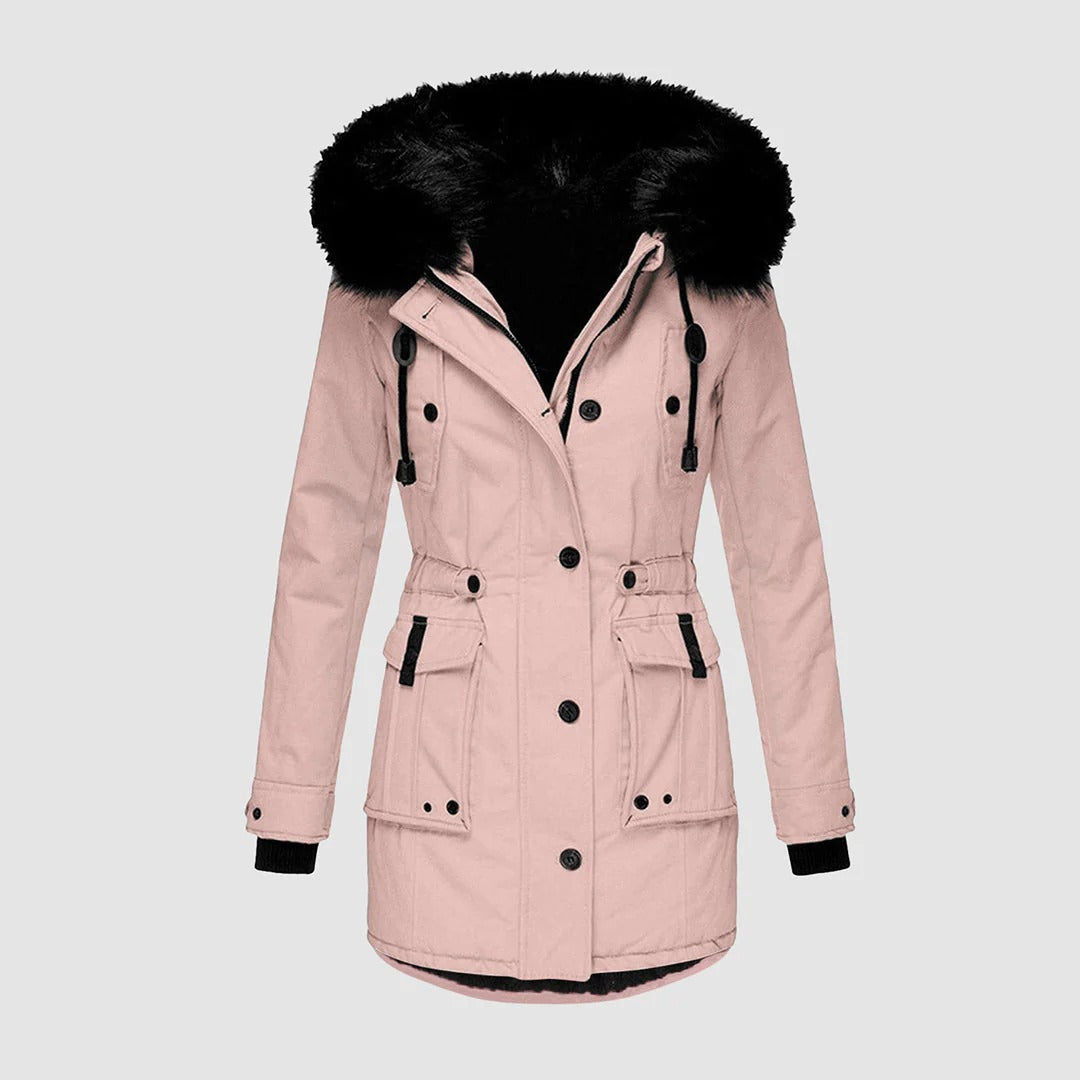 Women’s Long Coat – Tailored Fit – Faux Fur Hood – Waist Belt – Full-Length Warmth