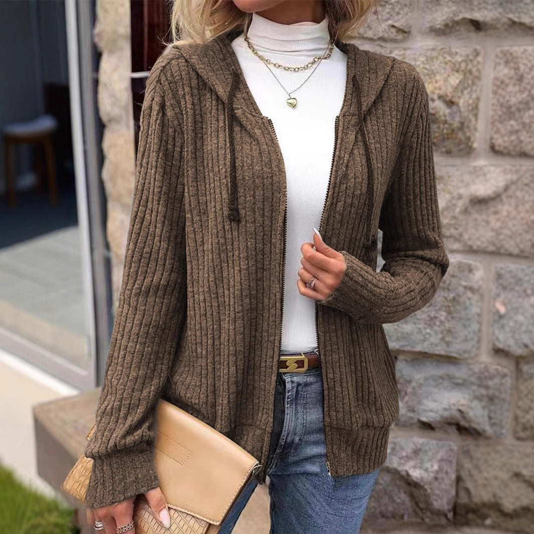 Women’s Knit Sweater – Relaxed Fit – Ribbed Texture – Zipper Front – Hooded – Long Sleeve