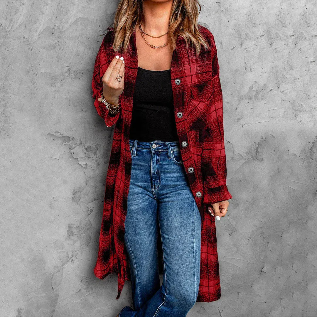 Women’s Long Cardigan Shacket – Oversized Relaxed Fit – Plaid – Button Front – Chest Pockets