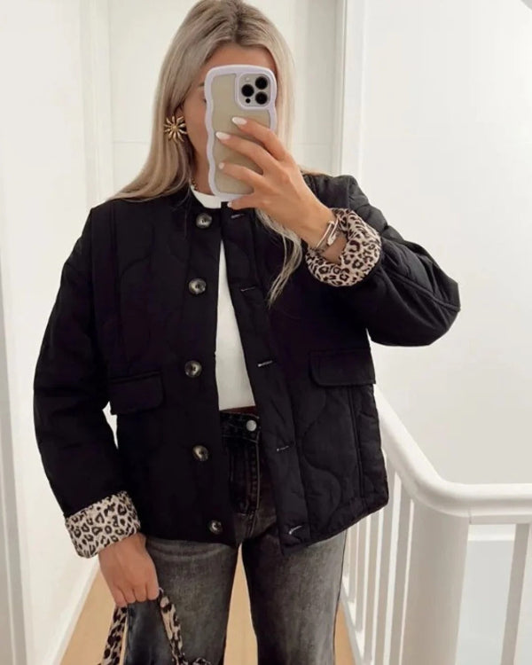 Women's Quilted Jacket – Relaxed Fit – Button Front – Leopard Print Cuff Detail