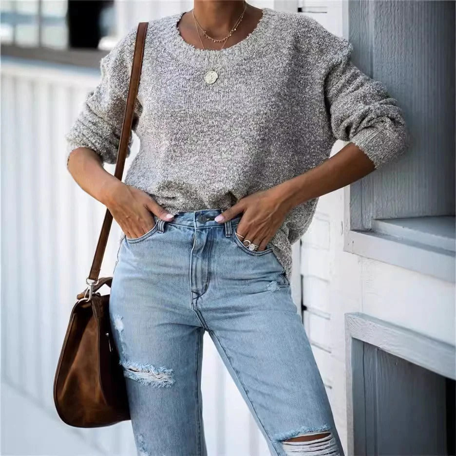 Women’s Knit Sweater – Oversized Fit – Wool Texture – Wide Sleeves – Ribbed Hem