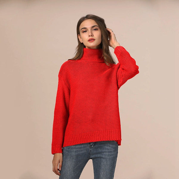 Women’s Knitted Sweater – Relaxed Fit – Chunky Wool Texture – Turtleneck – Ribbed Trim
