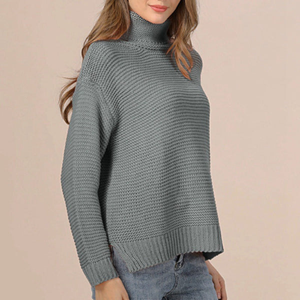 Women’s Knitted Sweater – Relaxed Fit – Chunky Wool Texture – Turtleneck – Ribbed Trim