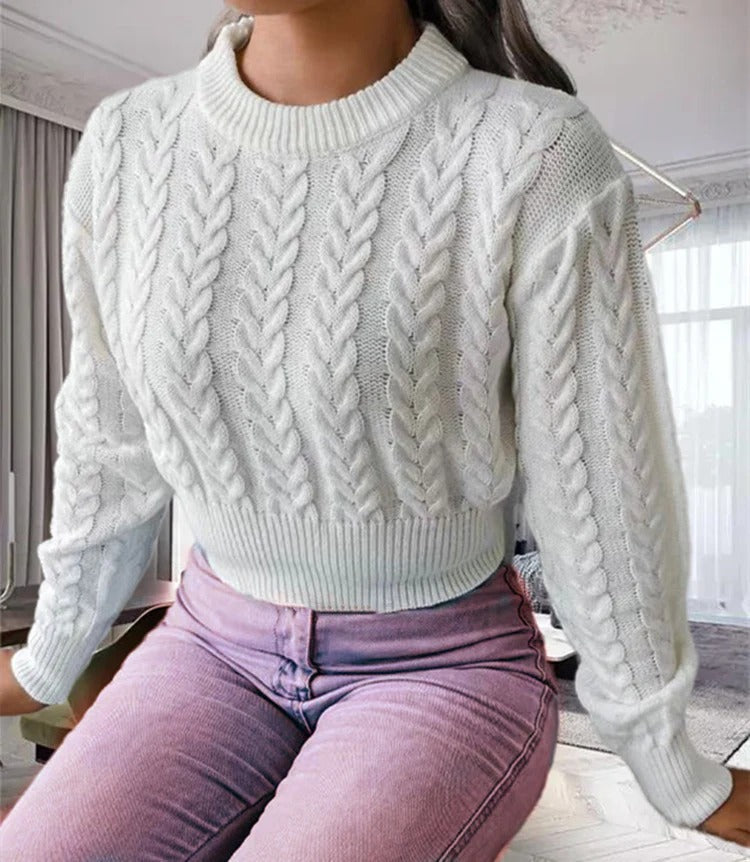 Women’s Knitted Sweater – Wool Feel – Cable Knit – Cropped Fit – Long Sleeve Ribbed Trim