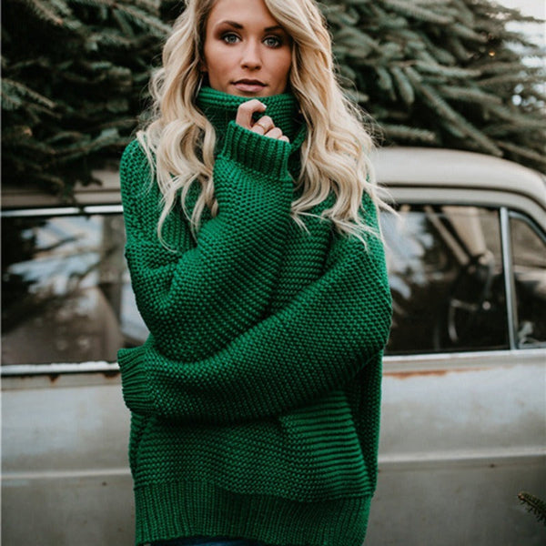 Women’s Knitted Sweater – Relaxed Fit – Chunky Wool Texture – Turtleneck – Ribbed Trim