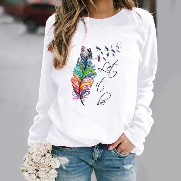 Women’s Sweatshirt – Relaxed Fit – Cotton Blend Knit – Feather Print – Crew Neck Long Sleeve