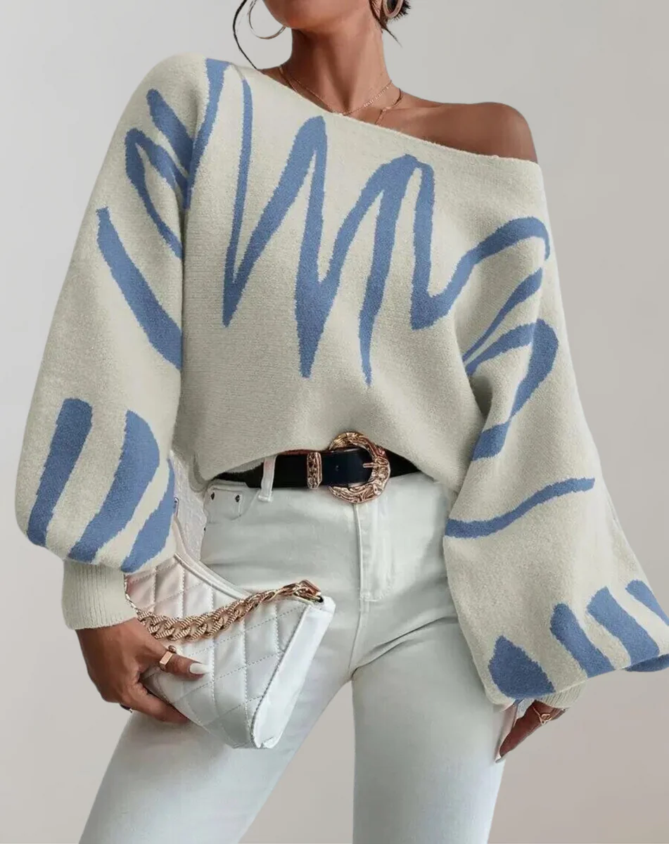 Women’s Off-Shoulder Top – Knitted Texture – Relaxed Fit – Lantern Sleeve – Cropped Style