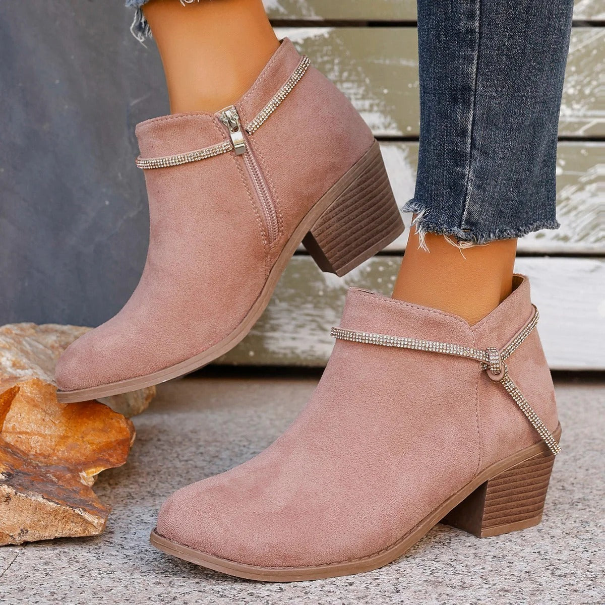 Women’s Ankle Boots – Suede Texture – Chunky Heel – Zip Closure – Adjustable Detail