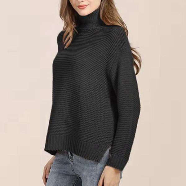 Women’s Knitted Sweater – Relaxed Fit – Chunky Wool Texture – Turtleneck – Ribbed Trim
