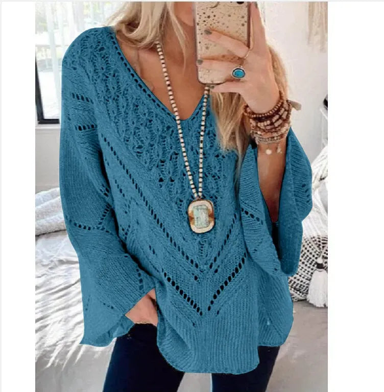 Women’s Sweater – Relaxed Fit – Crochet Knit – V-Neck – Trumpet Sleeve – Casual Wear