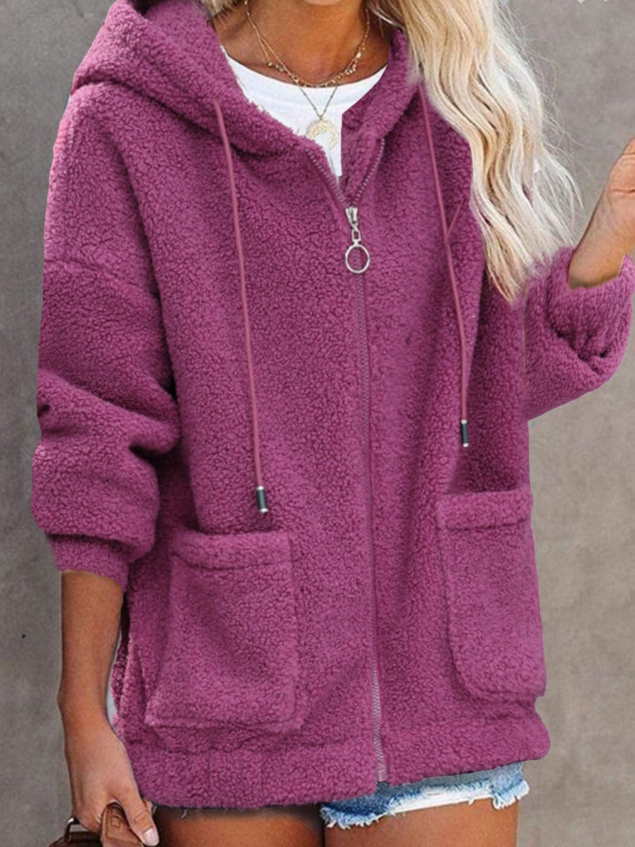 Women’s Hooded Jacket – Sherpa Feel – Oversized Fit – Zip Front – Pockets – Casual Style