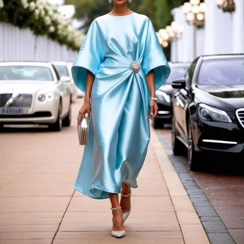 Women’s Midi Dress – Relaxed Fit – Silk Feel – Draped Waist – Brooch Accent – Formal Wear