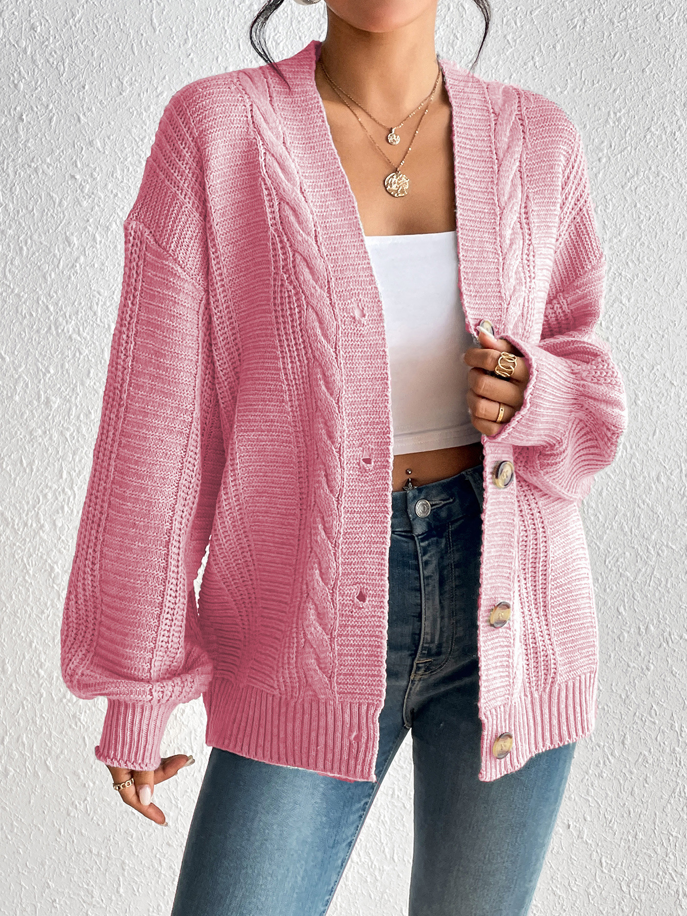 Women’s Cardigan Jacket – Wool Knit – Oversized Fit – Cable Pattern – Button Front