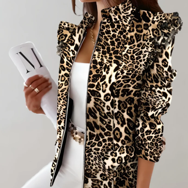 Women’s Jacket – Tailored Fit – Plaid Pattern – Ruffle Shoulder – Stand Collar – Hip Length