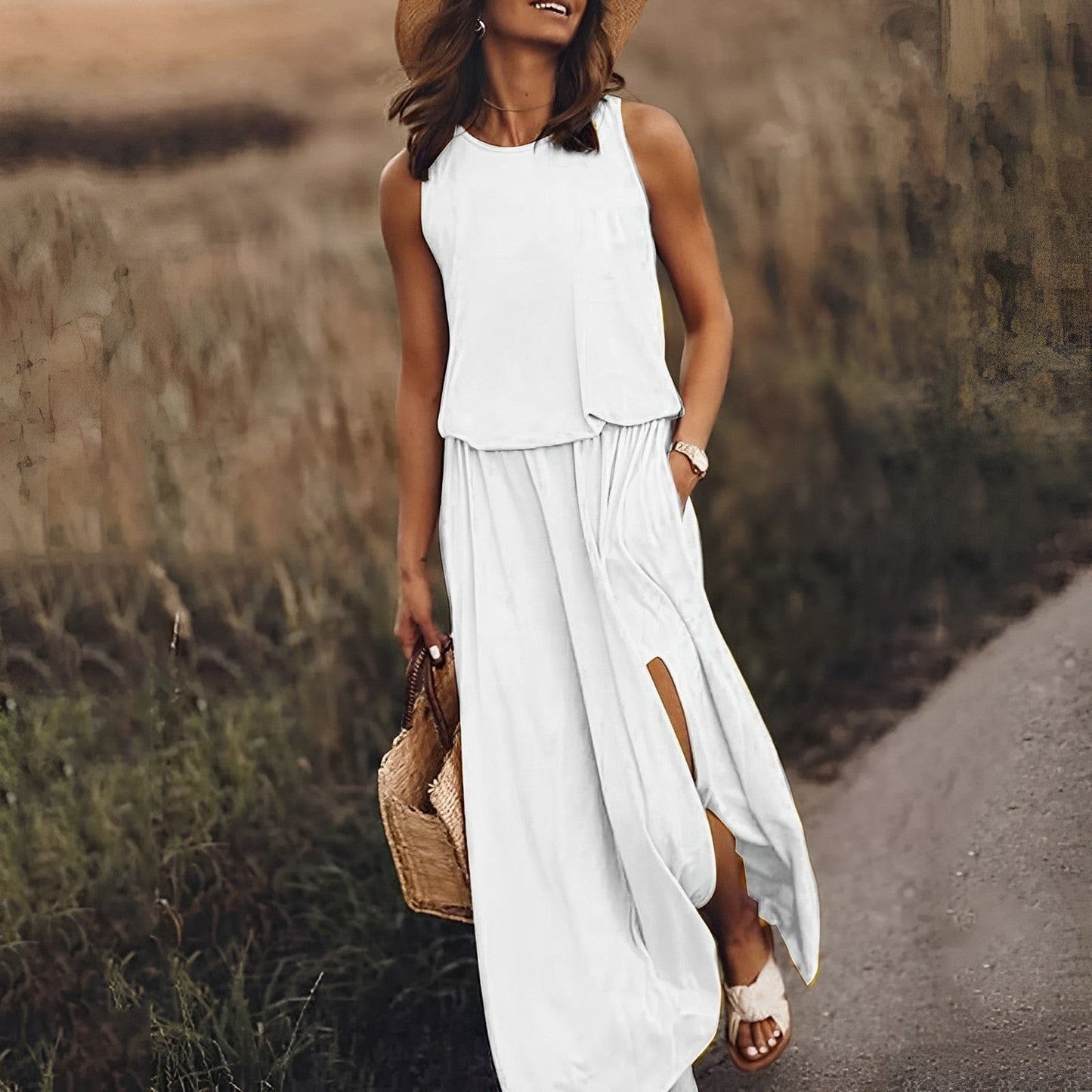 Women's Sleeveless Maxi Dress - Flowy Fit - High Neck - Side Slit Elegant Casual Wear
