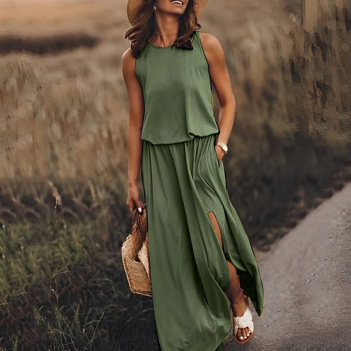Women's Sleeveless Maxi Dress - Flowy Fit - High Neck - Side Slit Elegant Casual Wear