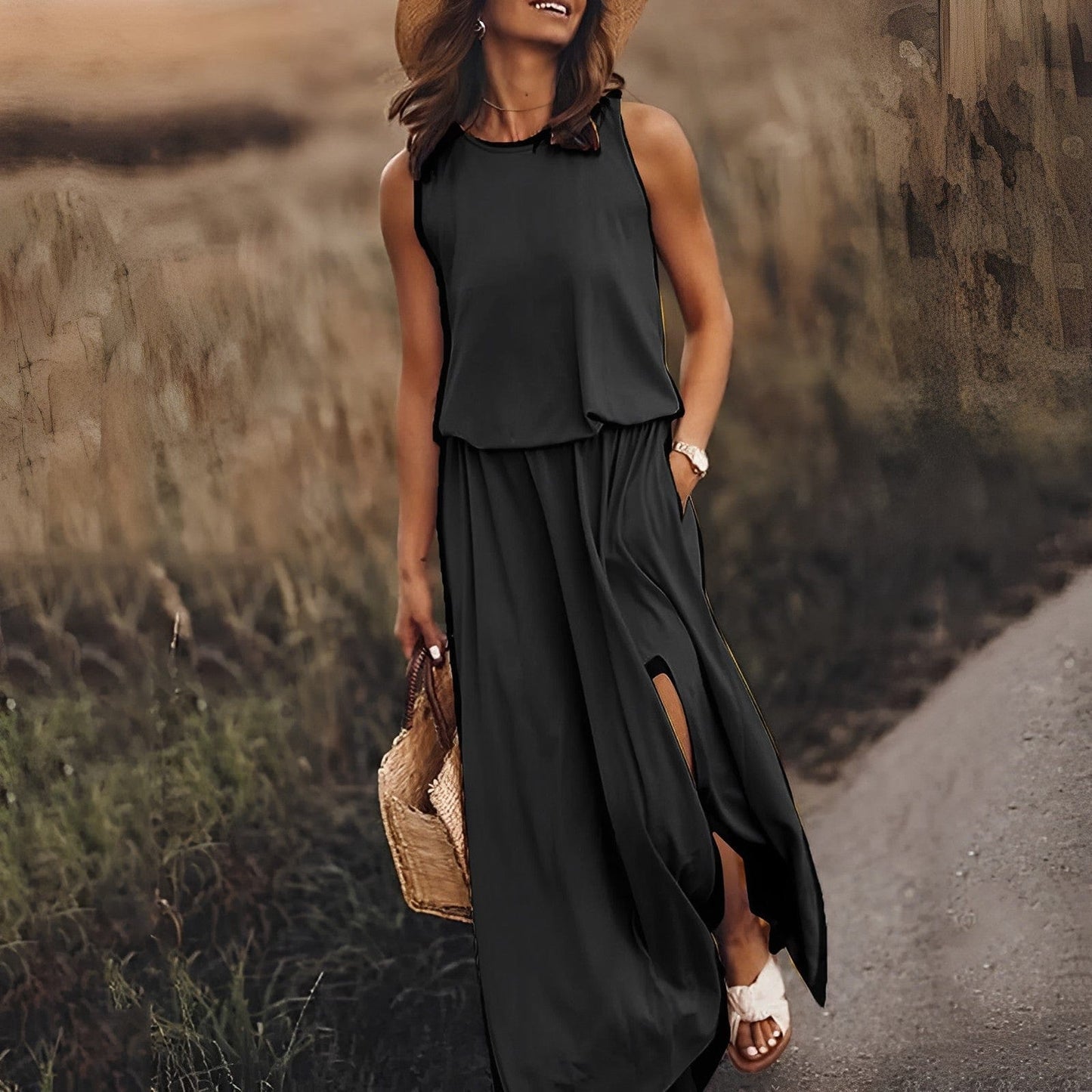 Women's Sleeveless Maxi Dress - Flowy Fit - High Neck - Side Slit Elegant Casual Wear