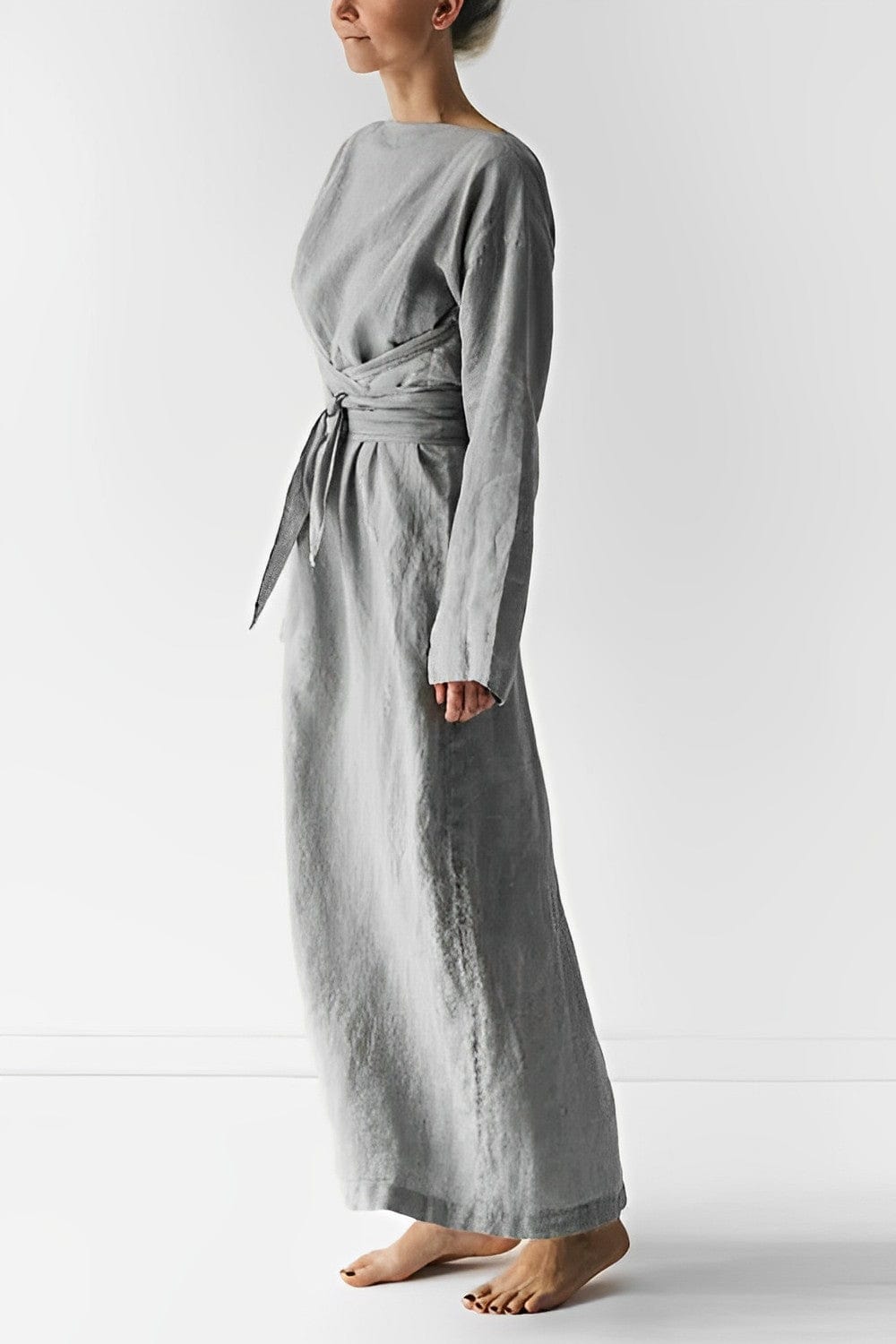 Women's Maxi Dress - Boat Neck - Long Sleeve - Wrap Waist - Elegant Flowing Fit