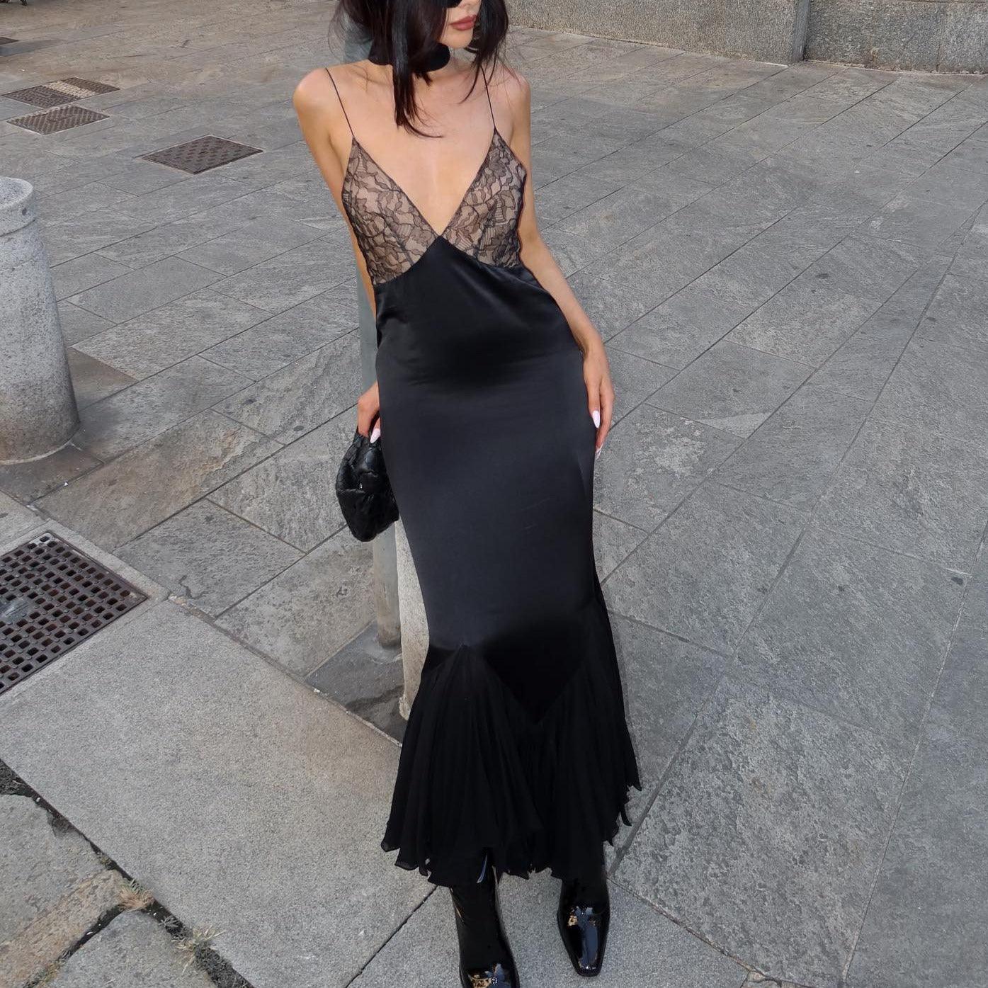 Women's Evening Gown - Satin Finish - Lace Bodice - Deep V-Neck - Backless Elegant Fit