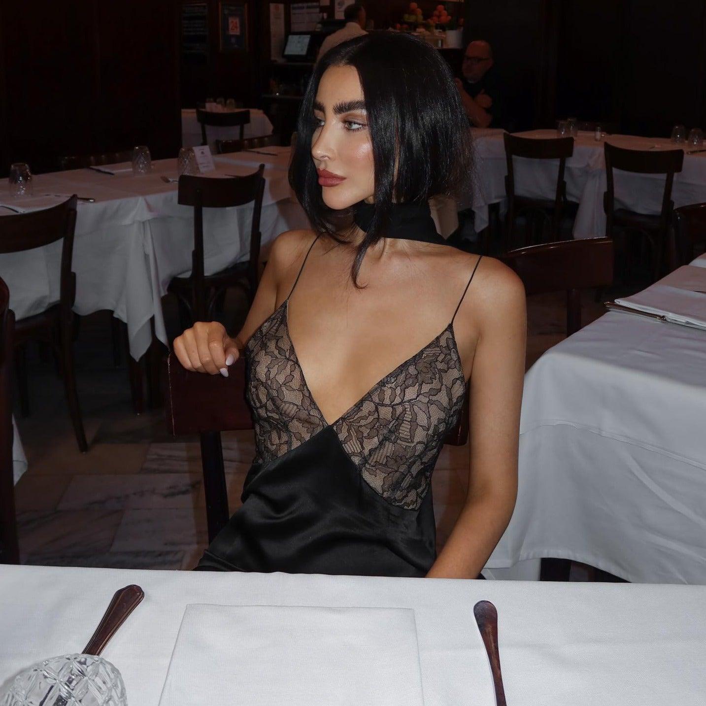 Women's Evening Gown - Satin Finish - Lace Bodice - Deep V-Neck - Backless Elegant Fit