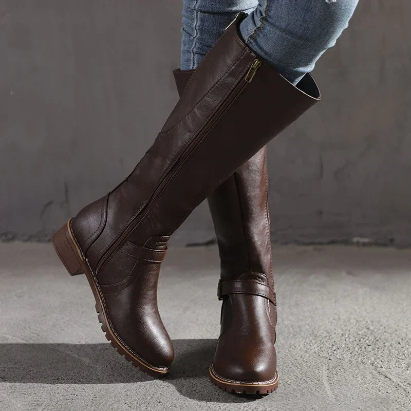 Women’s Knee-High Boots – Sleek Fit – Buckle Detail – Leather-Like Finish – Lug Sole