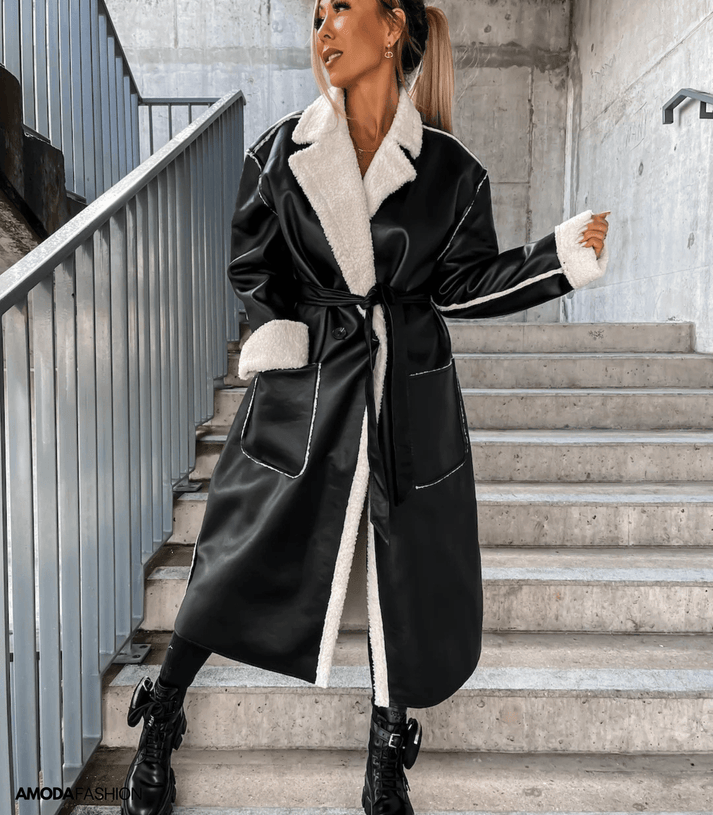Women's casual leather thickened windbreaker trench coat with front pocket