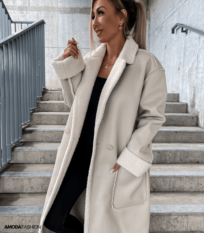 Women's casual leather thickened windbreaker trench coat with front pocket