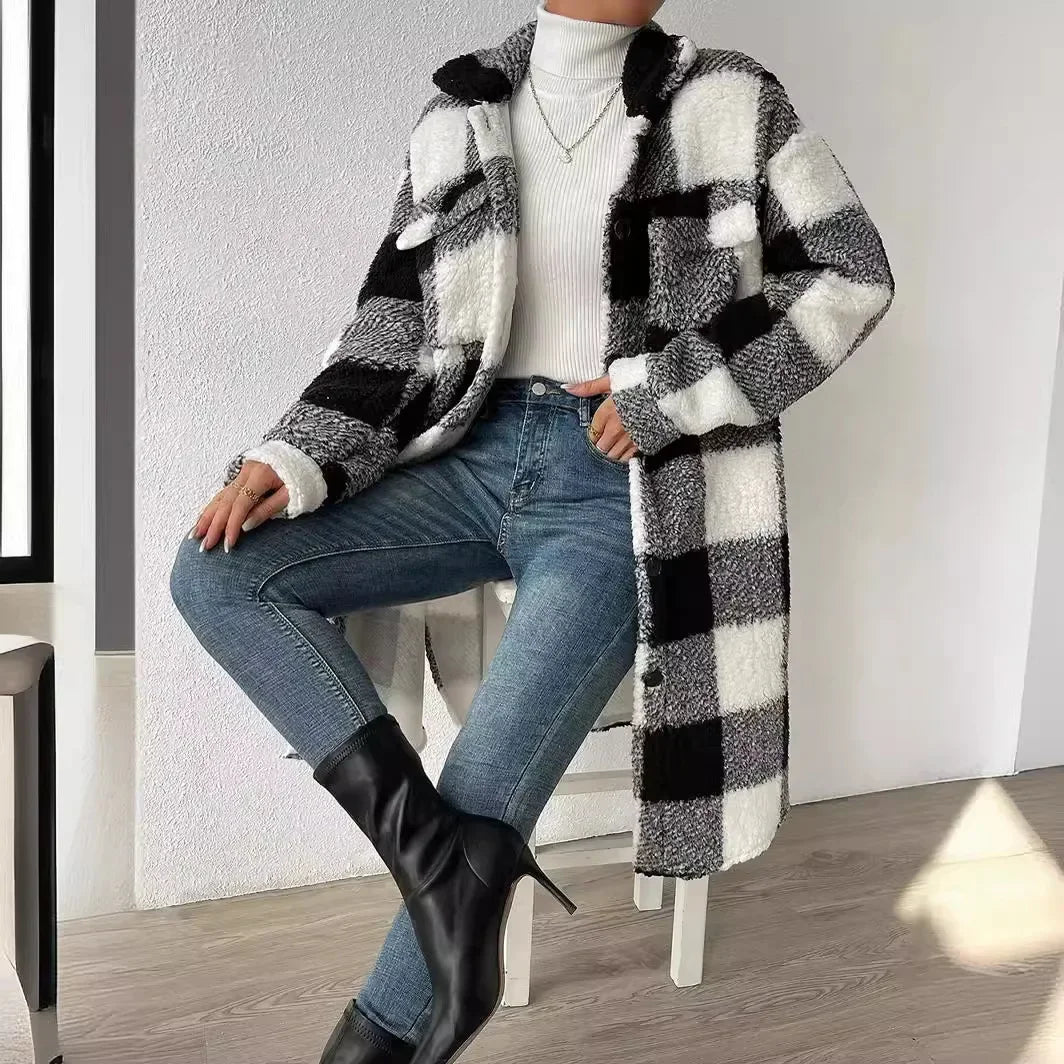 Women's open button lapel plush plaid midi jacket