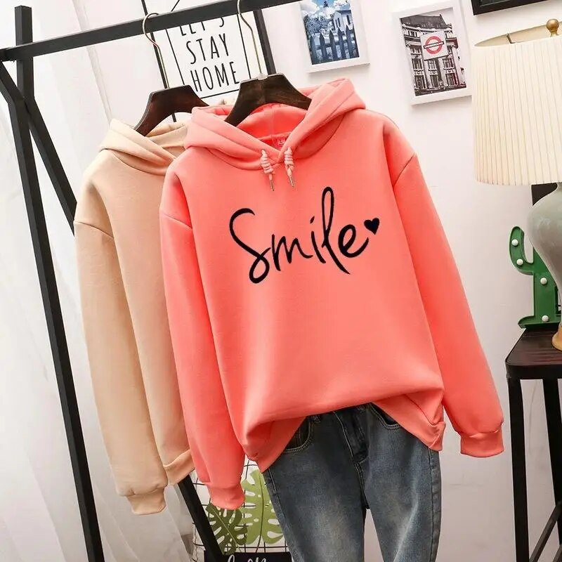 Women's smile print hooded pullover loose sweater