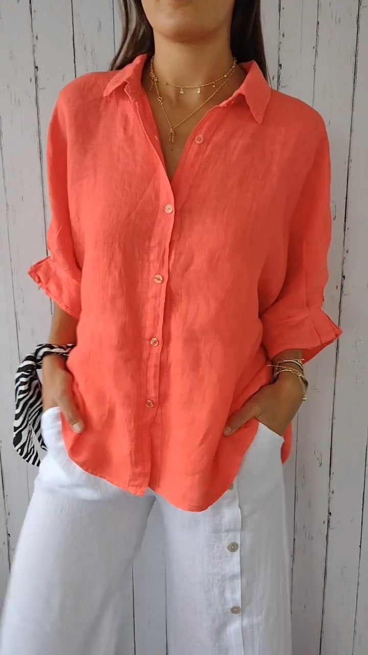 Women's Button-Up Shirt - Breathable Material Blend - Relaxed Fit - Classic Collar Casual Wear
