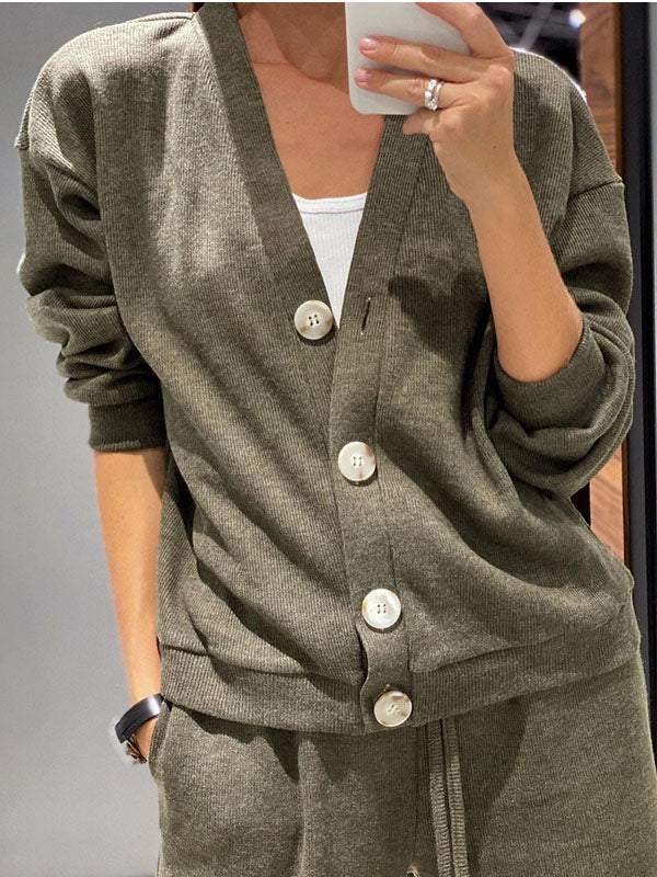 Women's casual button-down cardigan with elastic waist drawstring sweatpants set