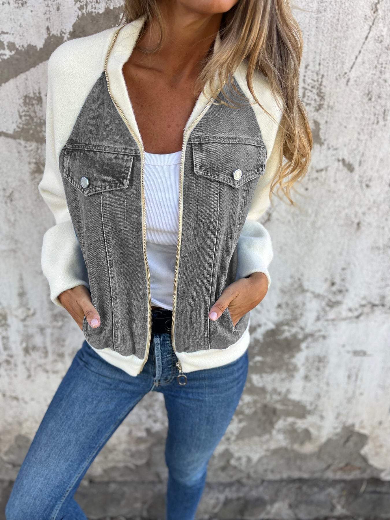 Women’s Denim Jacket – Soft Contrast Sleeves – Zipper Front – Casual Classic Fit